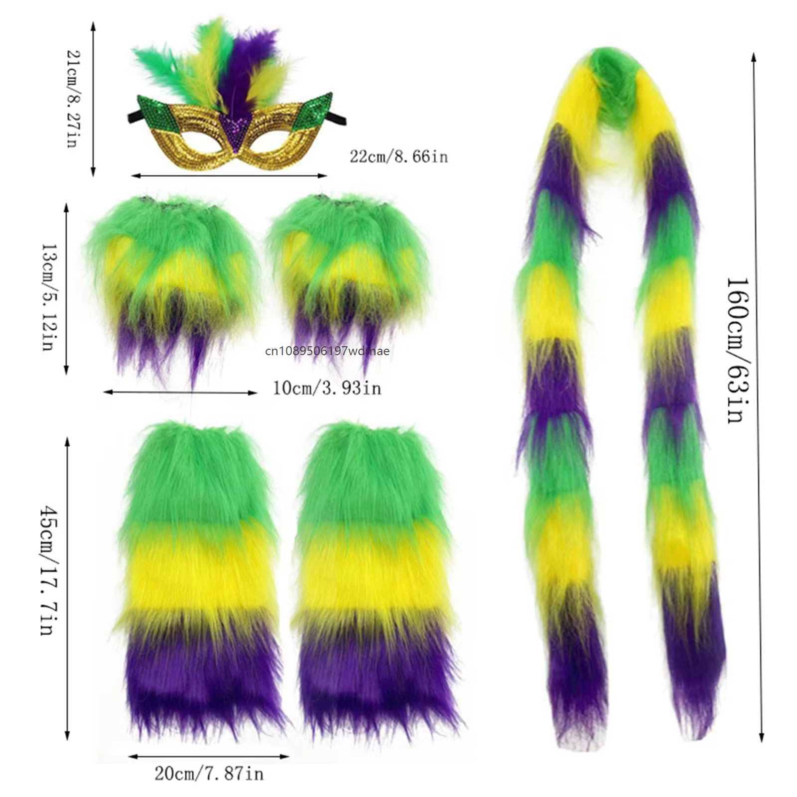 Accessoires de costume de carnaval : cache-visage festif, gants, guêtres et écharpe pour déguisement