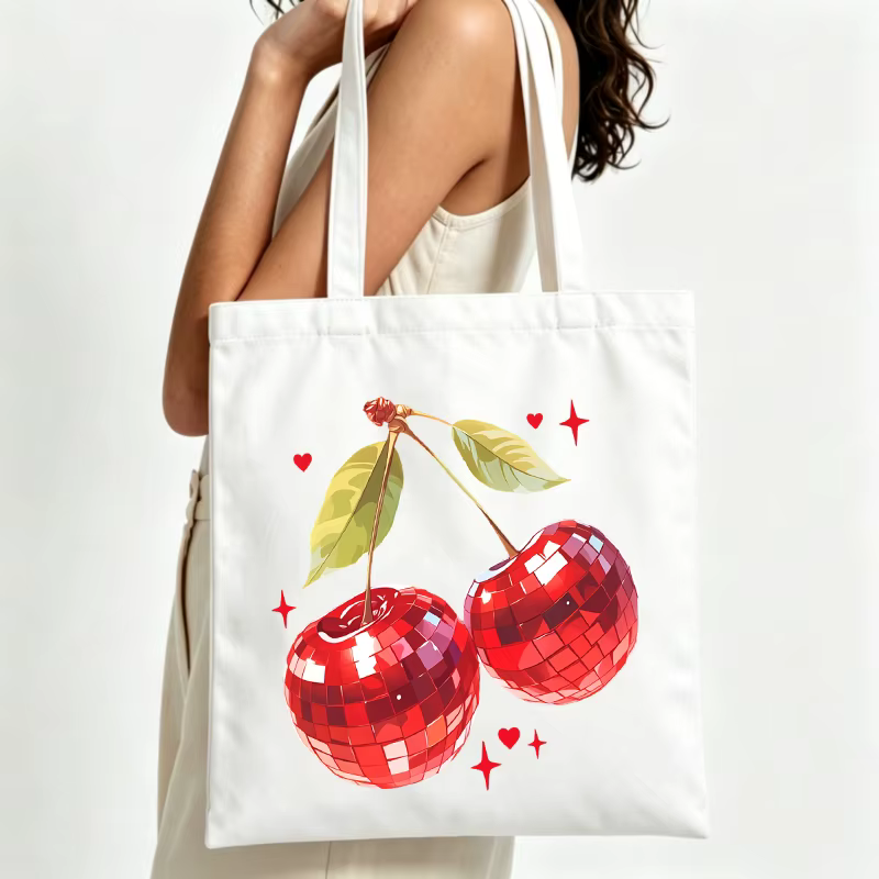 Sac fourre-tout en toile pour femme avec imprimé boule disco cerise, style rétro pour les sorties es