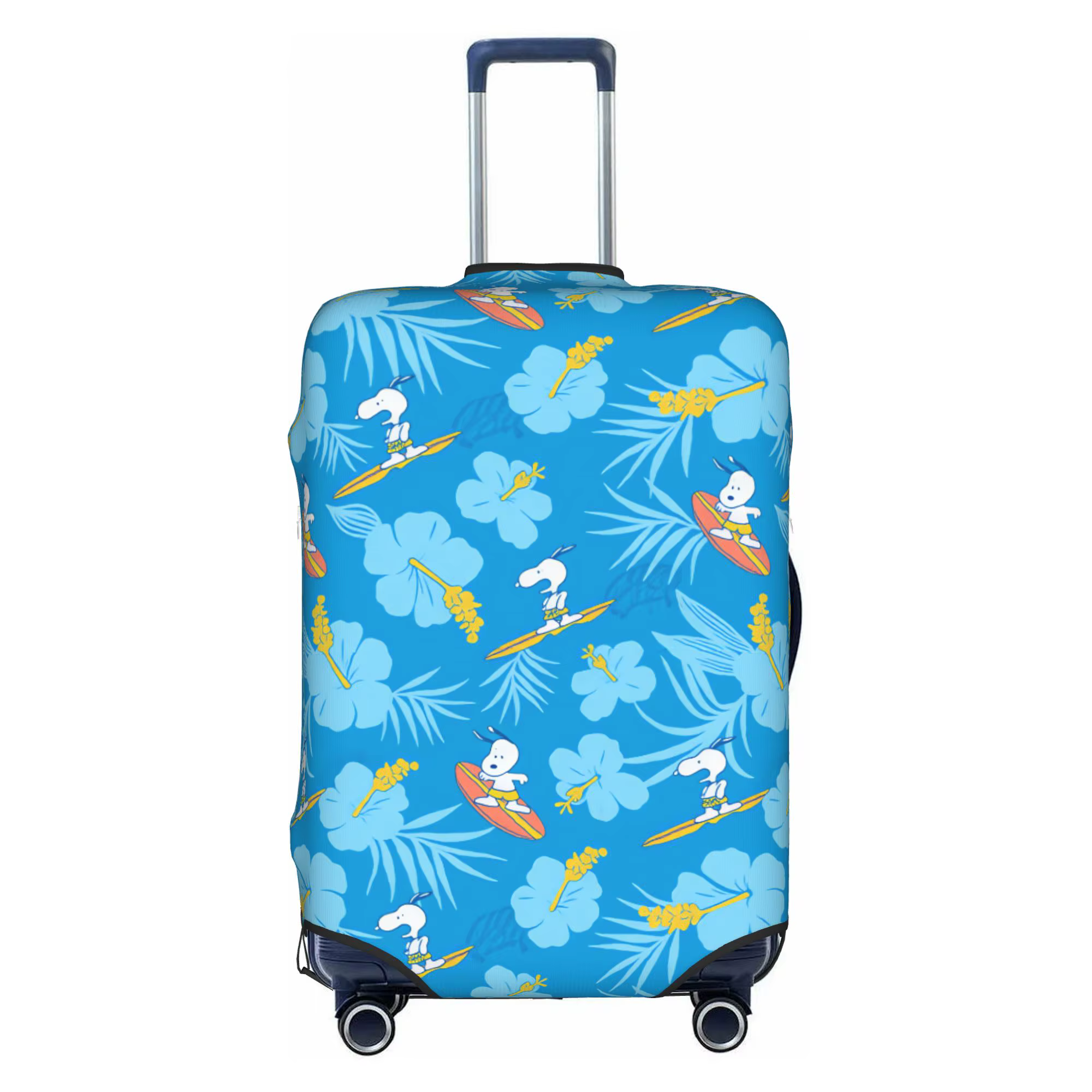 Housse de protection pour bagages, motif Snoopy surfant sur un papier peint floral bleu, housse de p