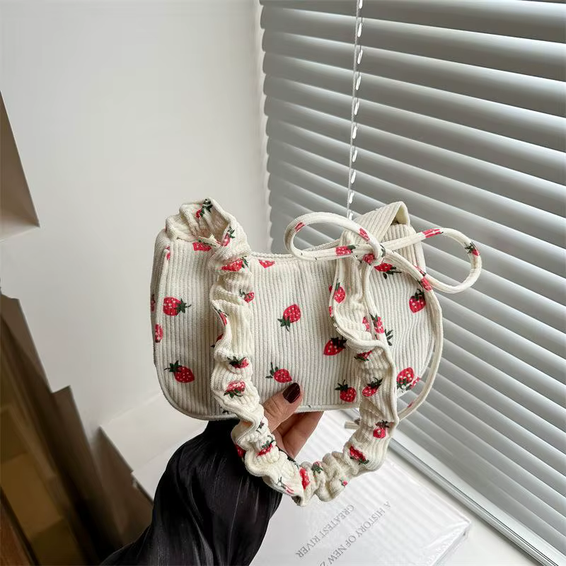 Sac à main en velours côtelé pour femmes, petit sac sous le bras, imprimé fraise, petit sac fourre-t