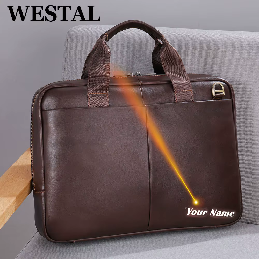 WESTAL – sac en cuir véritable pour hommes, sacoche pour ordinateur portable, mallette pour Document
