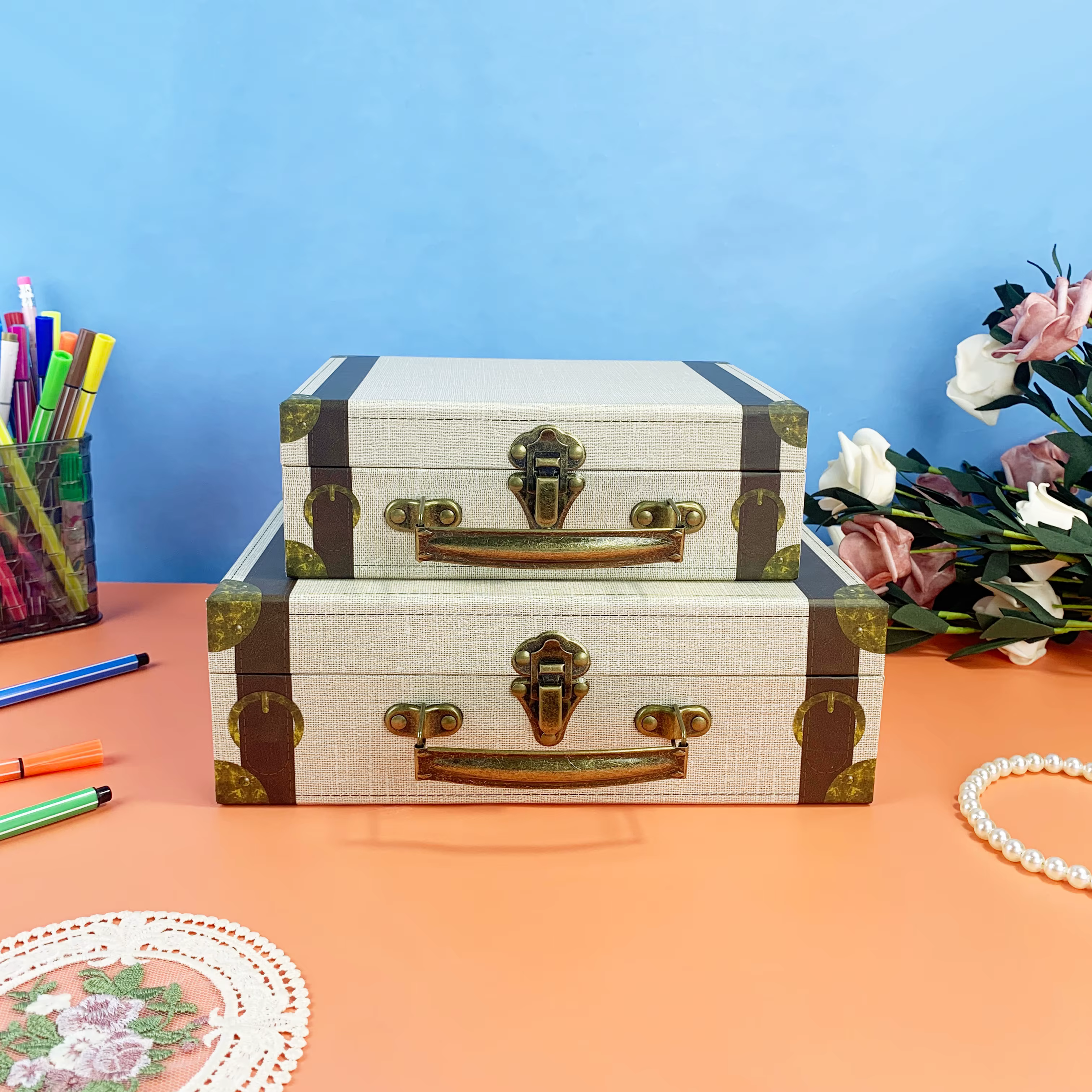 Lot de 2 valises vintage décoratives, boîtes cadeaux en carton avec poignée pour emballage cadeau, f