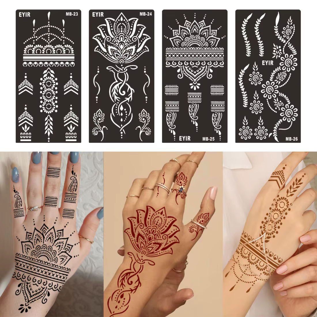 4 ensembles de pochoirs de tatouage réutilisables à motifs mandala, floraux et de vigne - Pochoirs a