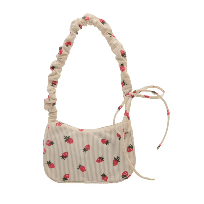Petit sac sous les bras pour femmes, sac à main en velours côtelé, mignon imprimé fraise, petit four