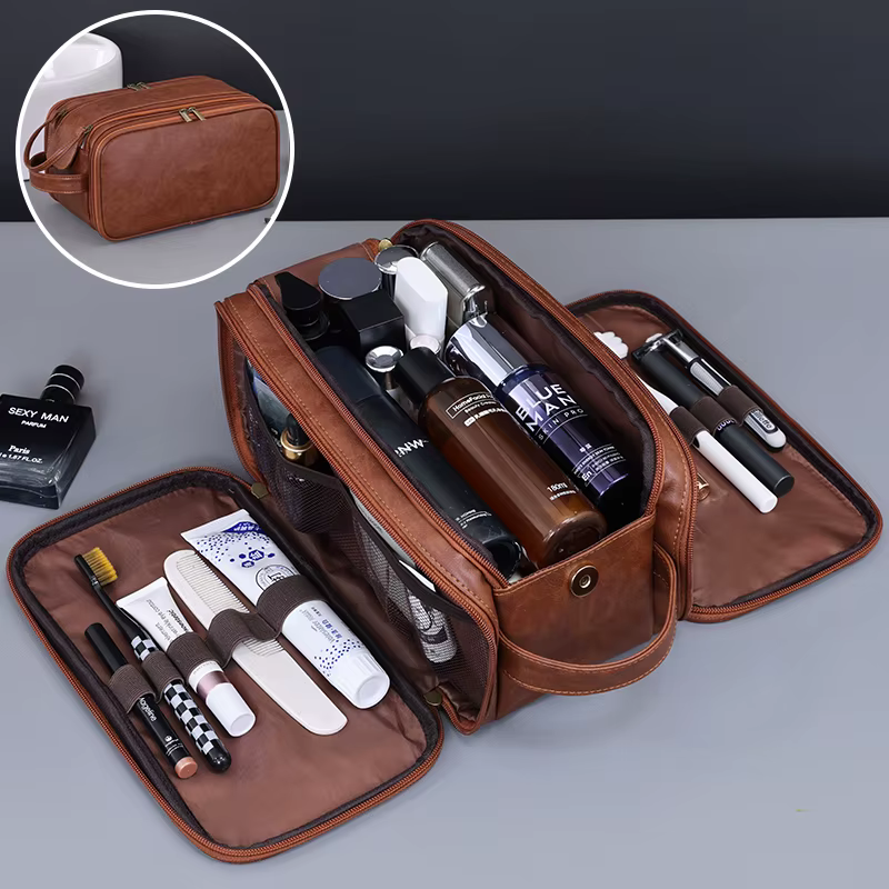 Trousse de toilette multi-poches en PU pour femmes et hommes, trousse de maquillage essentielle de v