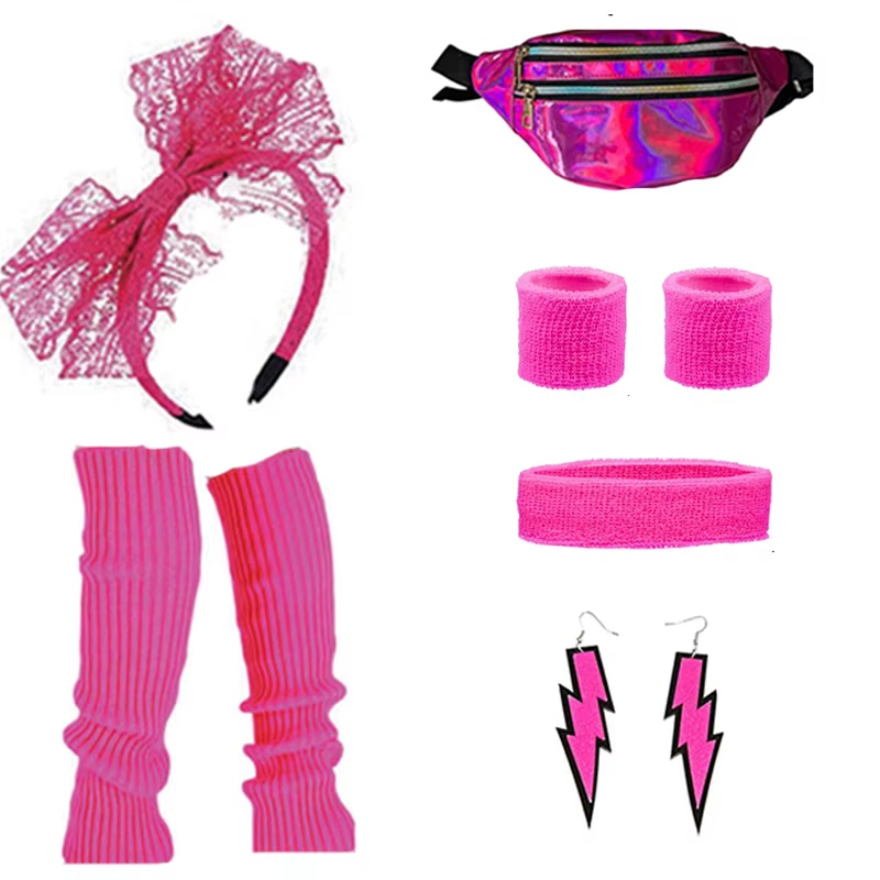 Ensemble d'accessoires de costume des années 80 pour femmes, sac banane rose fluo, chauffe-jambes, b