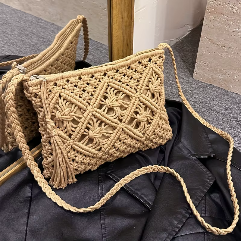 Sac à bandoulière tissé à la main pour femme de style bohème - Sac de plage d'été avec fermeture écl