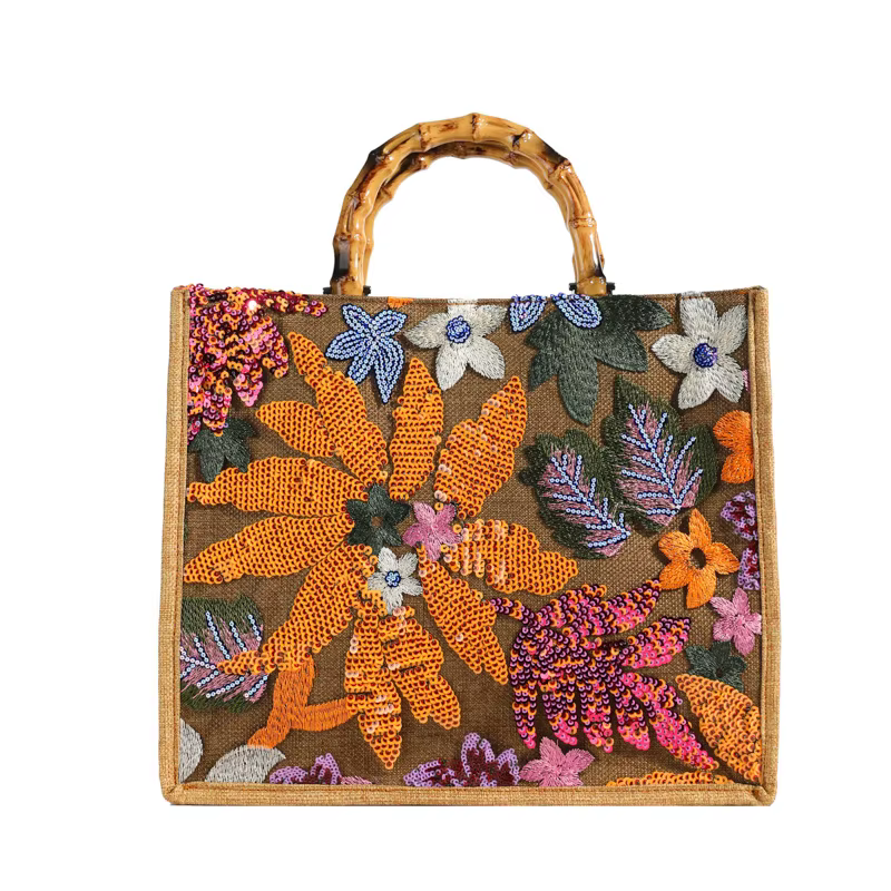 Mode paillettes broderie grands sacs fourre-tout poignée en bambou femmes sacs à main fleur paille é