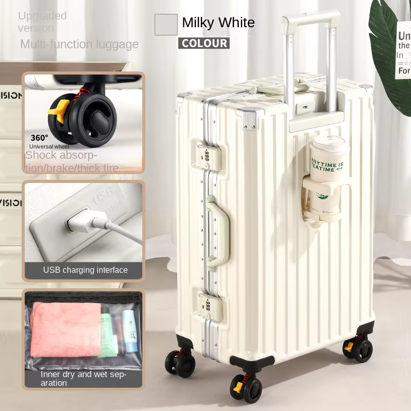 Valise multifonction frein roue bagages avec chargement USB cadre en aluminium valise cabine de voya