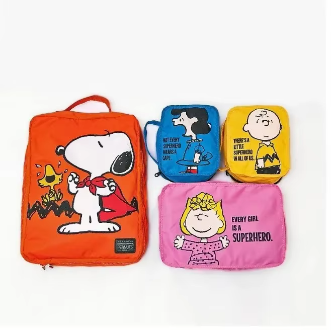 Nouvel ensemble de 4 sacs de rangement de voyage Snoopy mignons à motif de dessin animé, grande capa