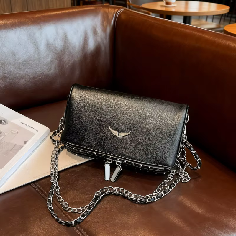 Sac bandoulière de luxe en PU couleur unie avec logo aile, léger, à fermeture magnétique, avec chaîn