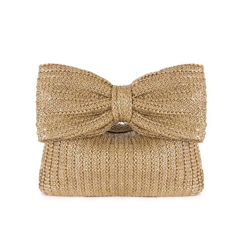 Pochette d'été tissée en paille pour femmes, sac à main avec nœud, fourre-tout de plage, fête de mar