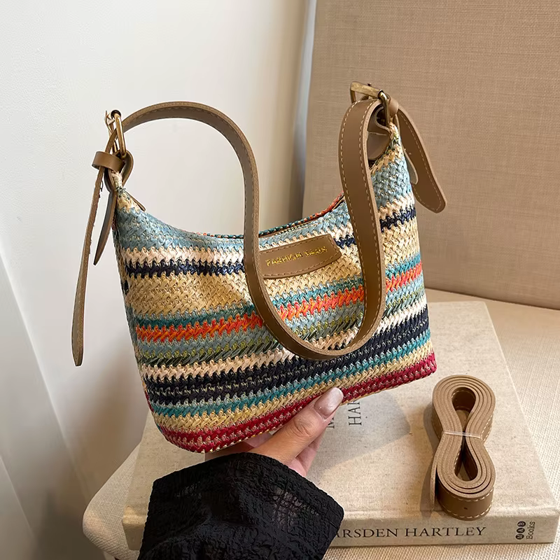 Sac fourre-tout bohème rayé avec garniture en cuir, sac sous le bras, mini sac à bandoulière tissé p