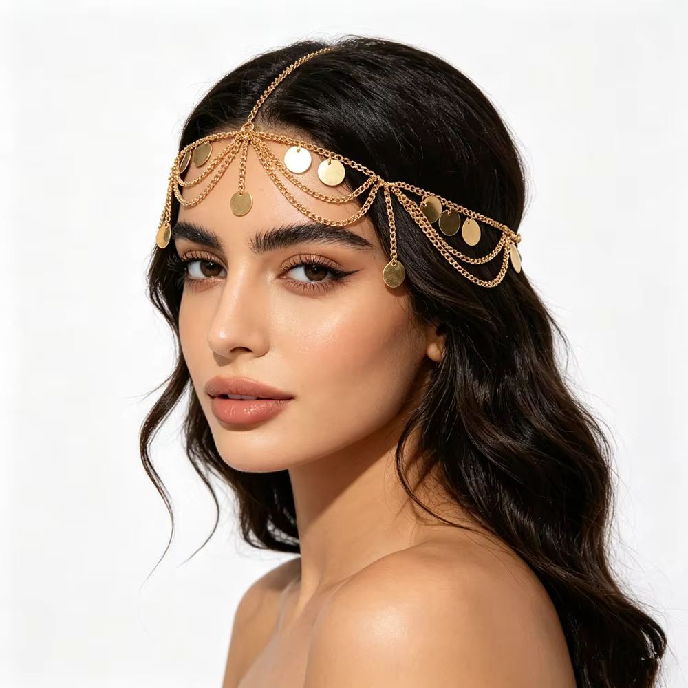 Chaîne de tête marocaine tendance pour mariée, bijou de cheveux simple couleur or avec sequins métal