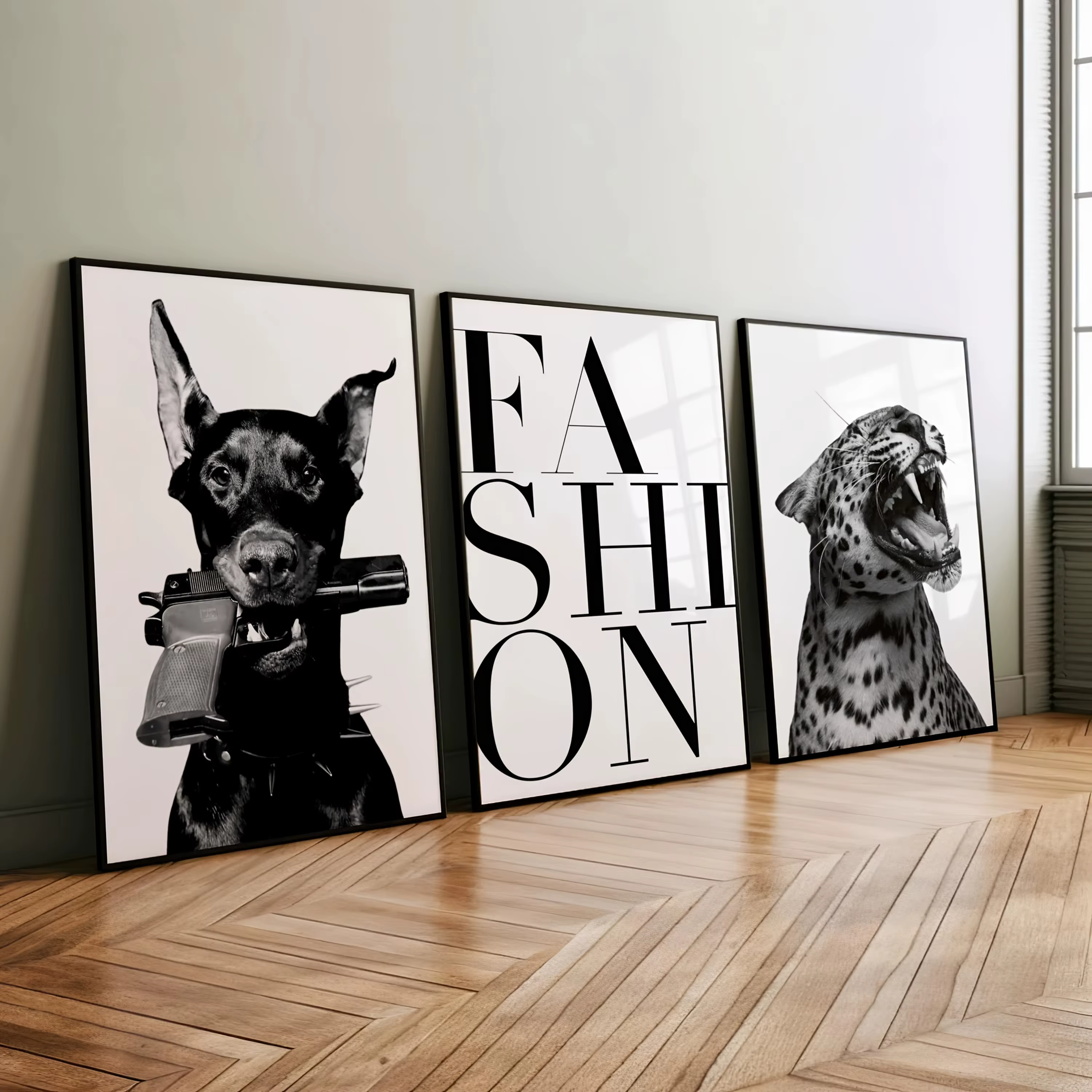 Ensemble d'art mural sur toile avec Portrait d'animal léopard noir blanc gris, affiches inspirées du