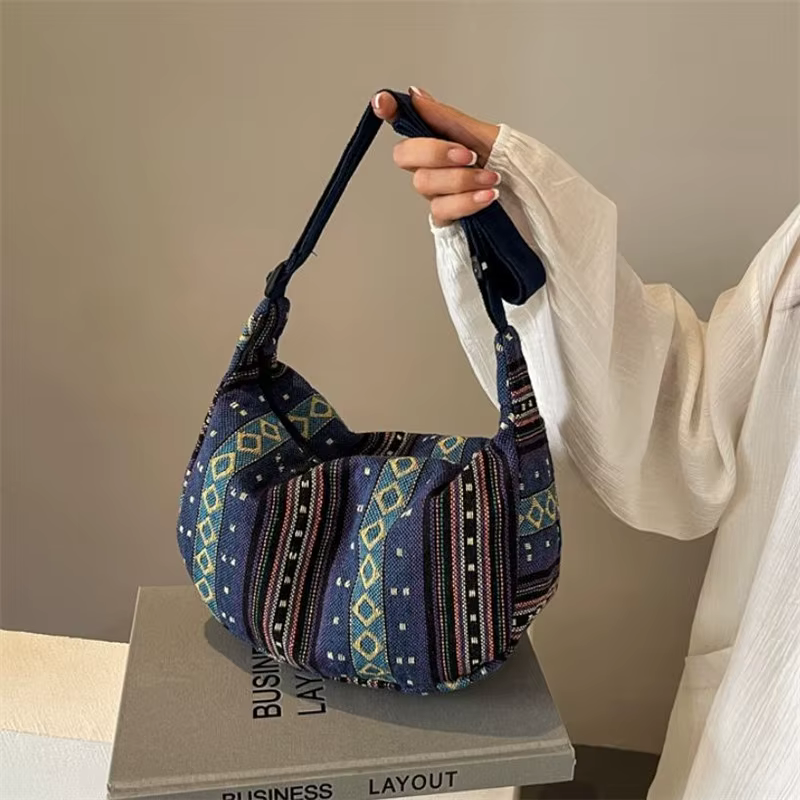 Sac à bandoulière de style tribal, bandoulière pliable avec fermeture à glissière, motif rayé, thème