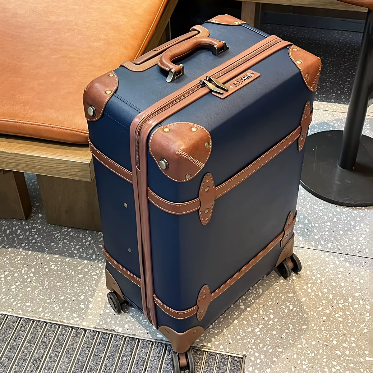 Valise de voyage vintage en cuir bleu pour affaires, bagage à main 20 pouces + valise à roulettes 24