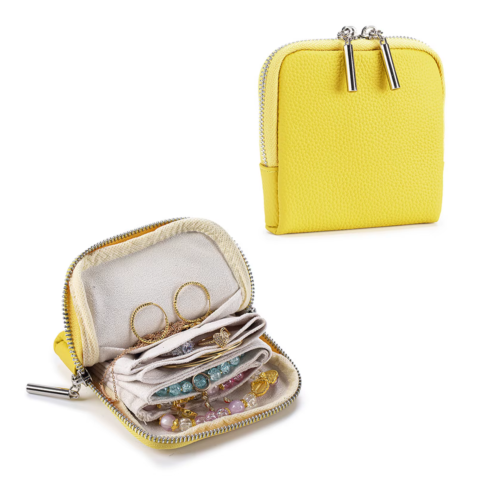 Sac organisateur de bijoux en cuir PU avec design à plusieurs niveaux pour bagues, bracelets, pochet
