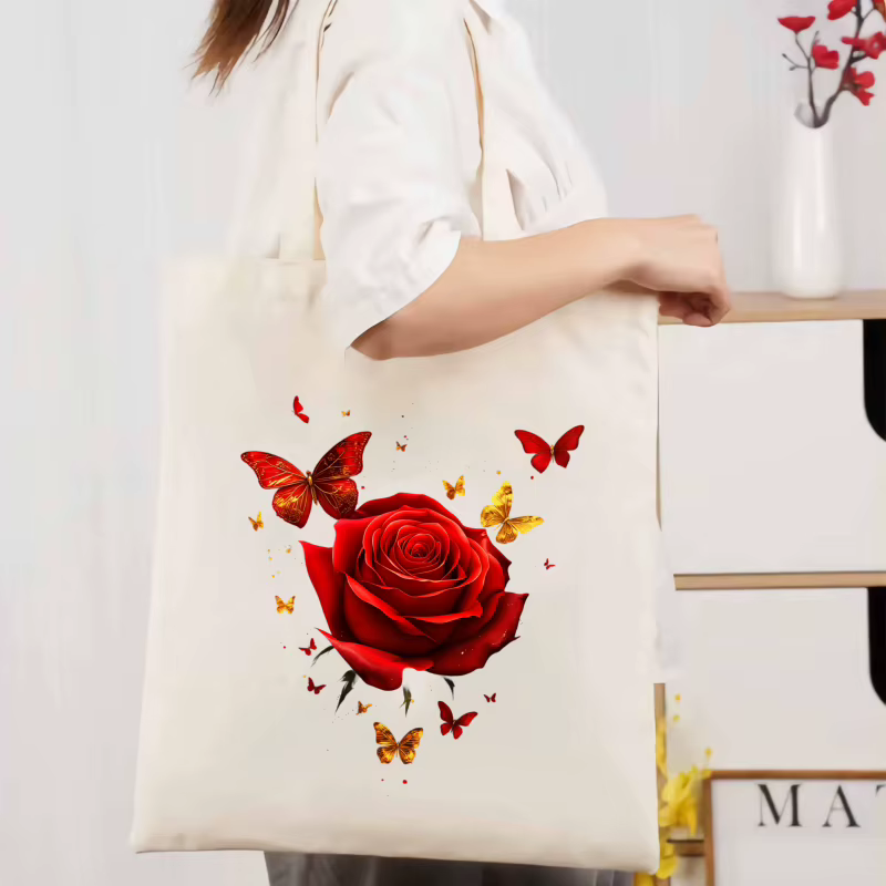 Sac à main en toile imprimé rose crème et papillon pour un usage quotidien, un shopping et un voyage