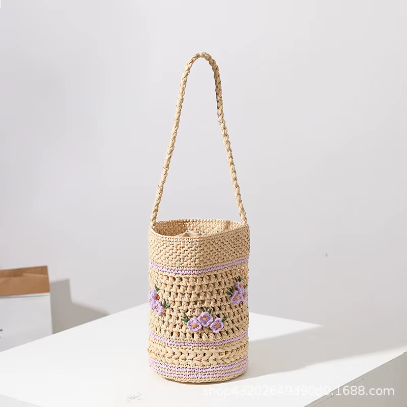 Sac en paille brodé Laffia, nouveau style, fleur lilas, sac seau à main tressé, idéal pour les vacan