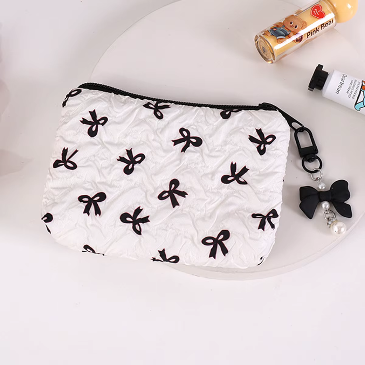 Pochette cosmétique plissée avec nœud |   Pochette de maquillage en coton pour femmes, matelassée, d
