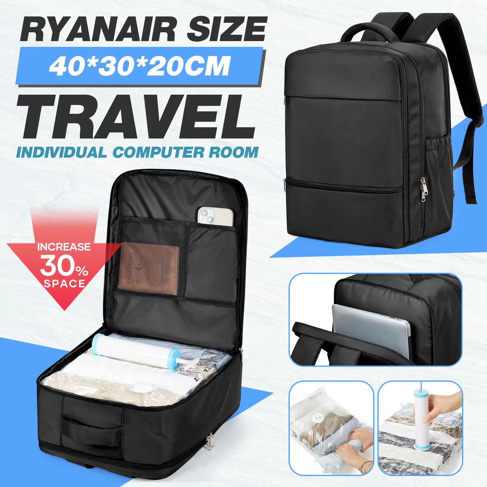 Sac de rangement sous vide, sac de cabine Ryanair 40x30x20, sac à dos de voyage, sac à dos pour baga