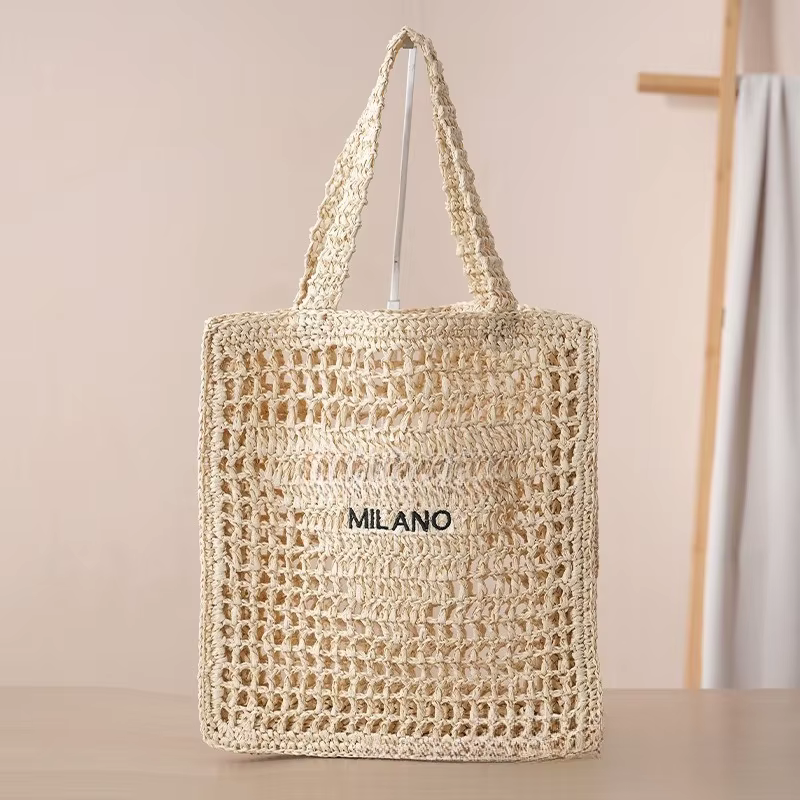 Sac d'été en paille tressée grande capacité, fourre-tout ajouré pour femme, sac de plage et de villé