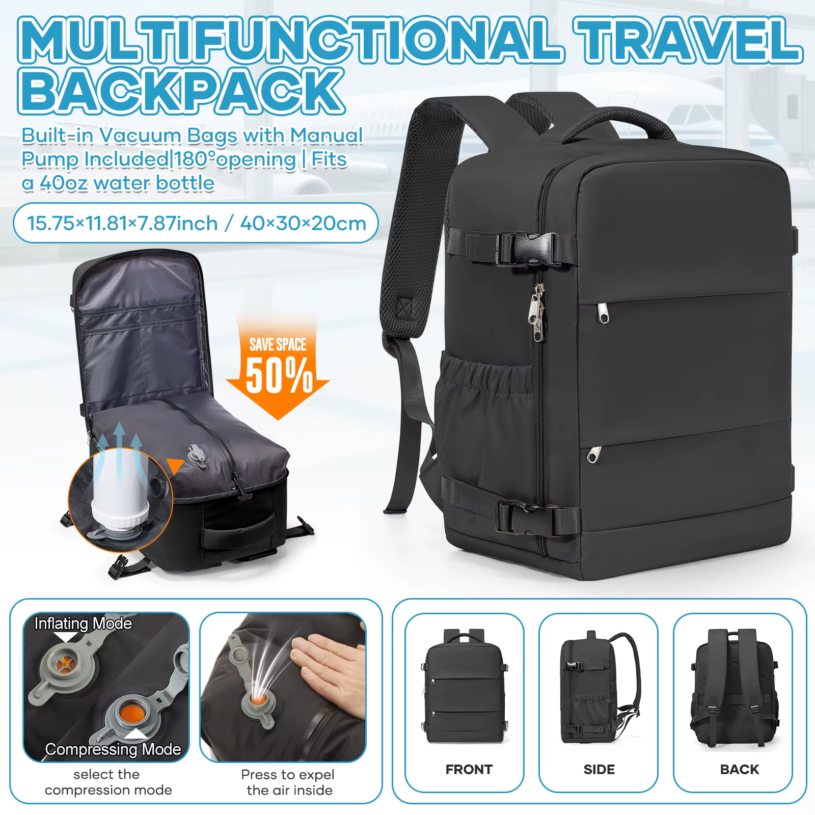 Sac à dos de voyage sous vide, bagage cabine Ryanair 40x30x20, sac à dos de voyage à main, sac à dos