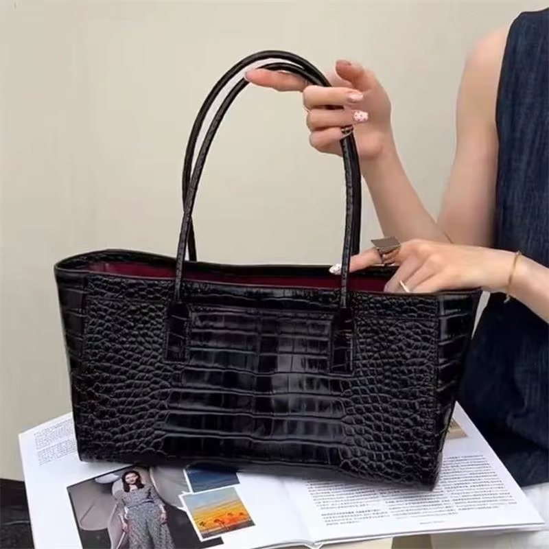 Sac fourre-tout vintage en cuir PU gaufré crocodile, sac à bandoulière grande capacité, sac à main r