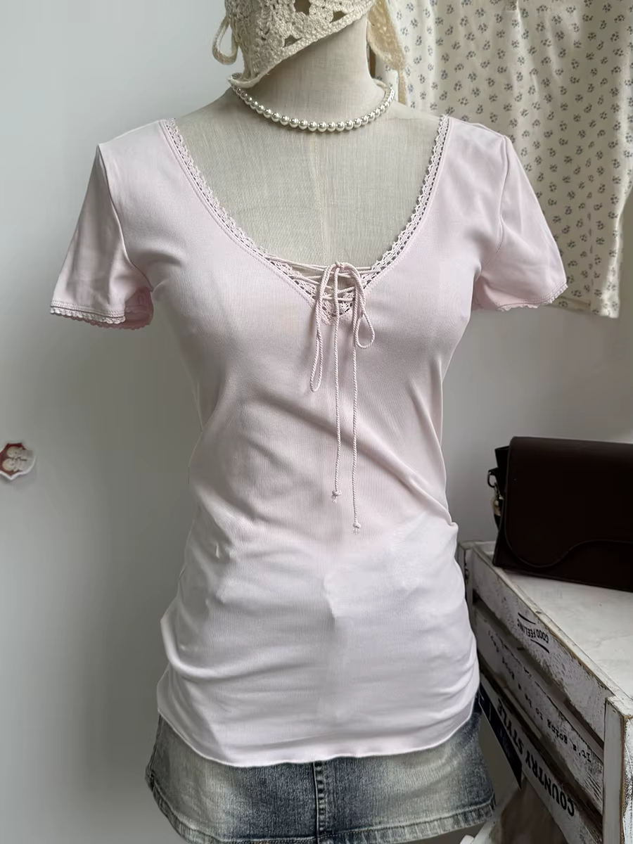 Beige dentelle garniture à manches longues T-shirts femmes automne nouveau Streetwear coton mince Se