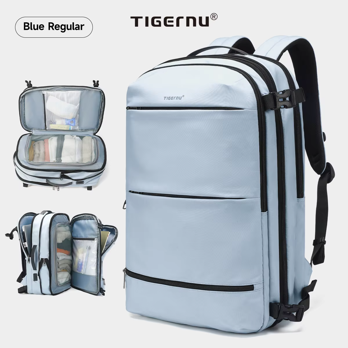 Sac à dos de compression sous vide Tigernu pour hommes, sac à dos de voyage extensible avec port USB
