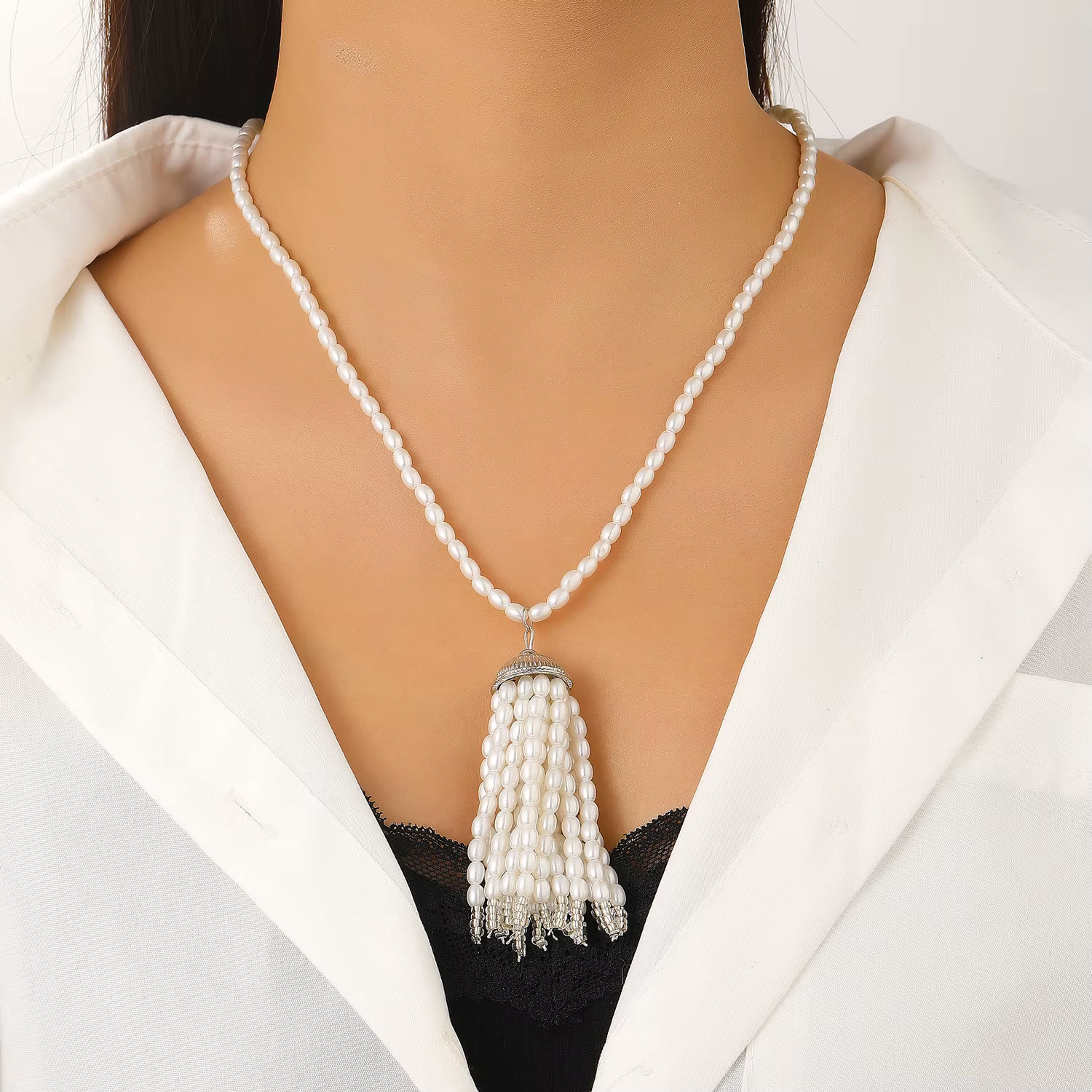 Collier de luxe rétro avec pendentif en perles de grain de riz pour femmes, longue chaîne de pull, a