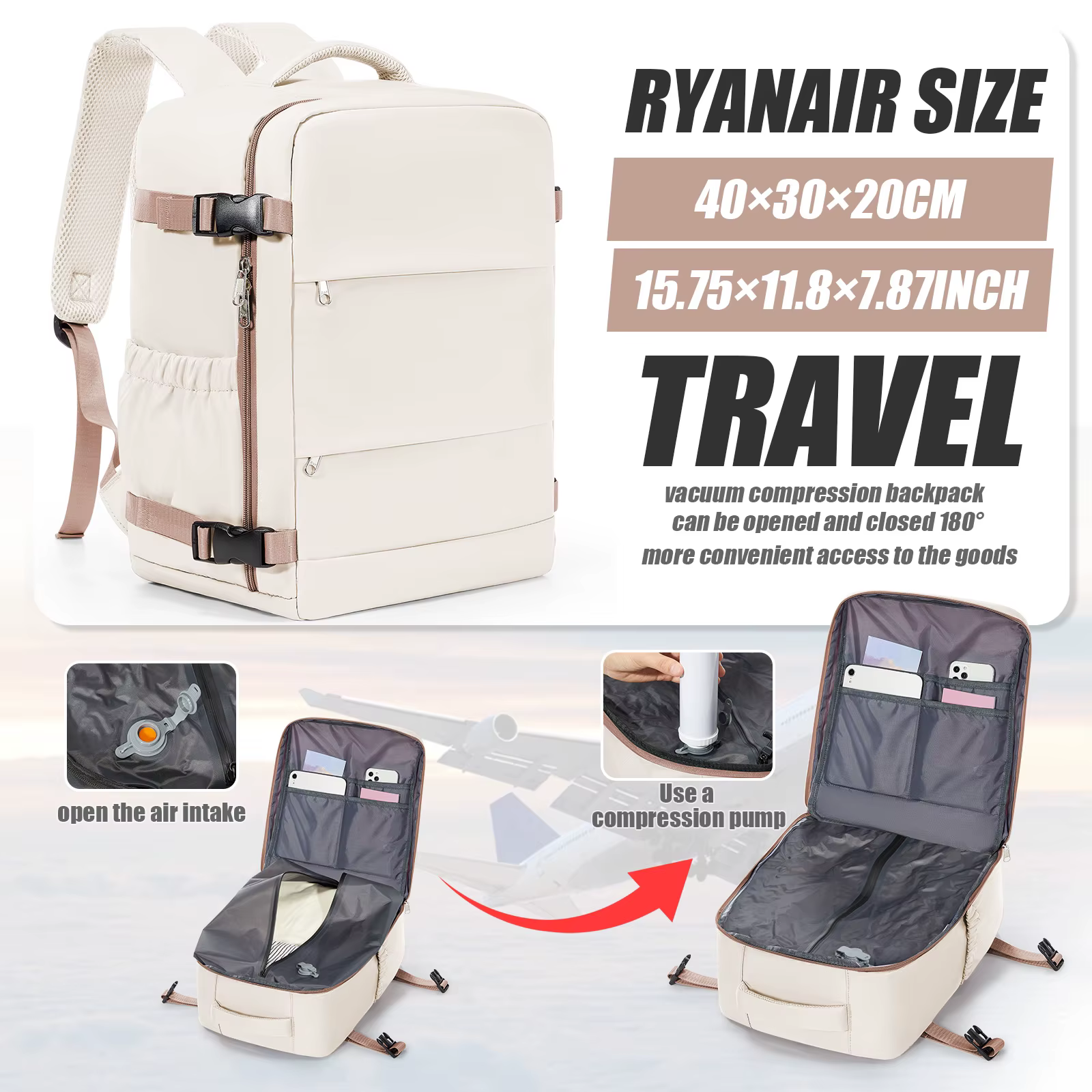 Sac à dos sous vide Ryanair 40x30x20, sac à dos de voyage pour courtes distances, sac de cabine WizA