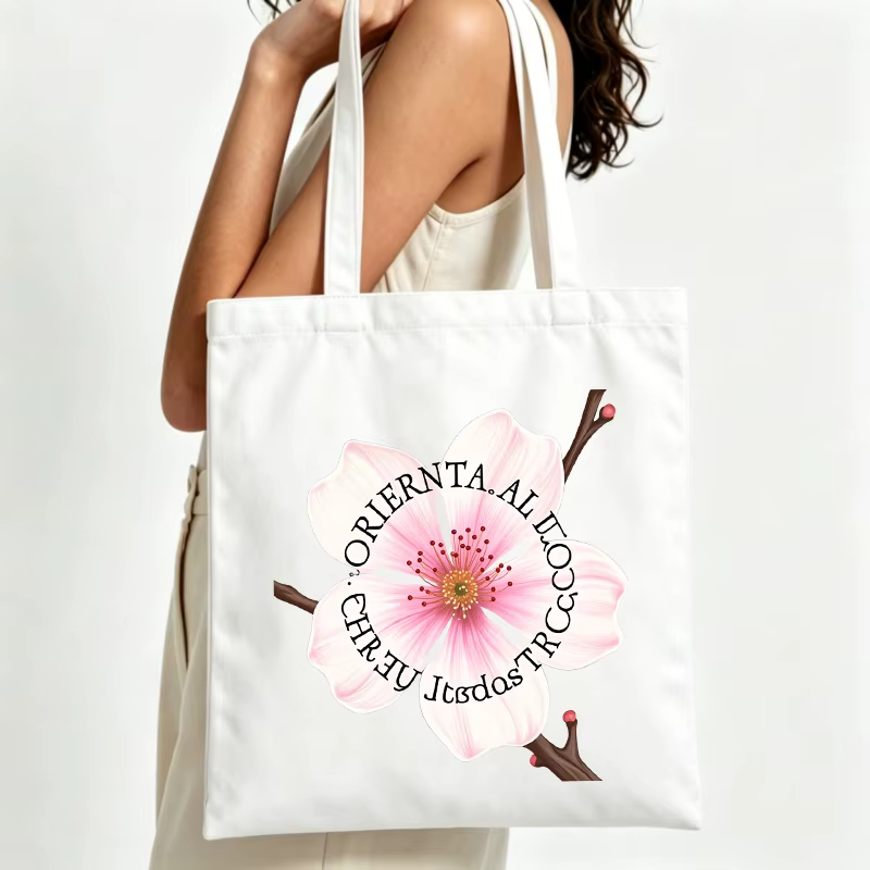 Sac fourre-tout en toile pour femme avec motif de fleurs de cerisier et impression de lettres, style