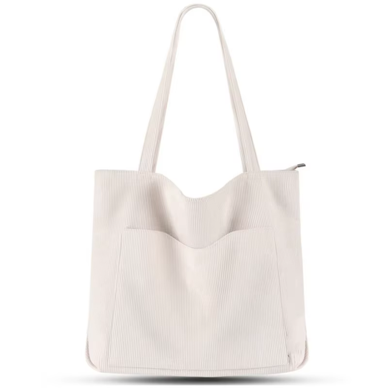 Sac fourre-tout en velours côtelé pour femme, grand sac à bandoulière avec fermeture éclair et poche