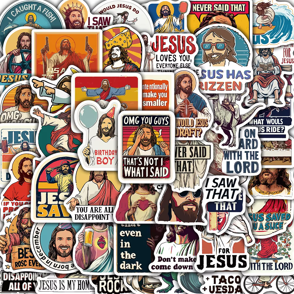 50 autocollants amusants avec impression Jésus, imperméables, décoratifs et colorés, pour valise, or
