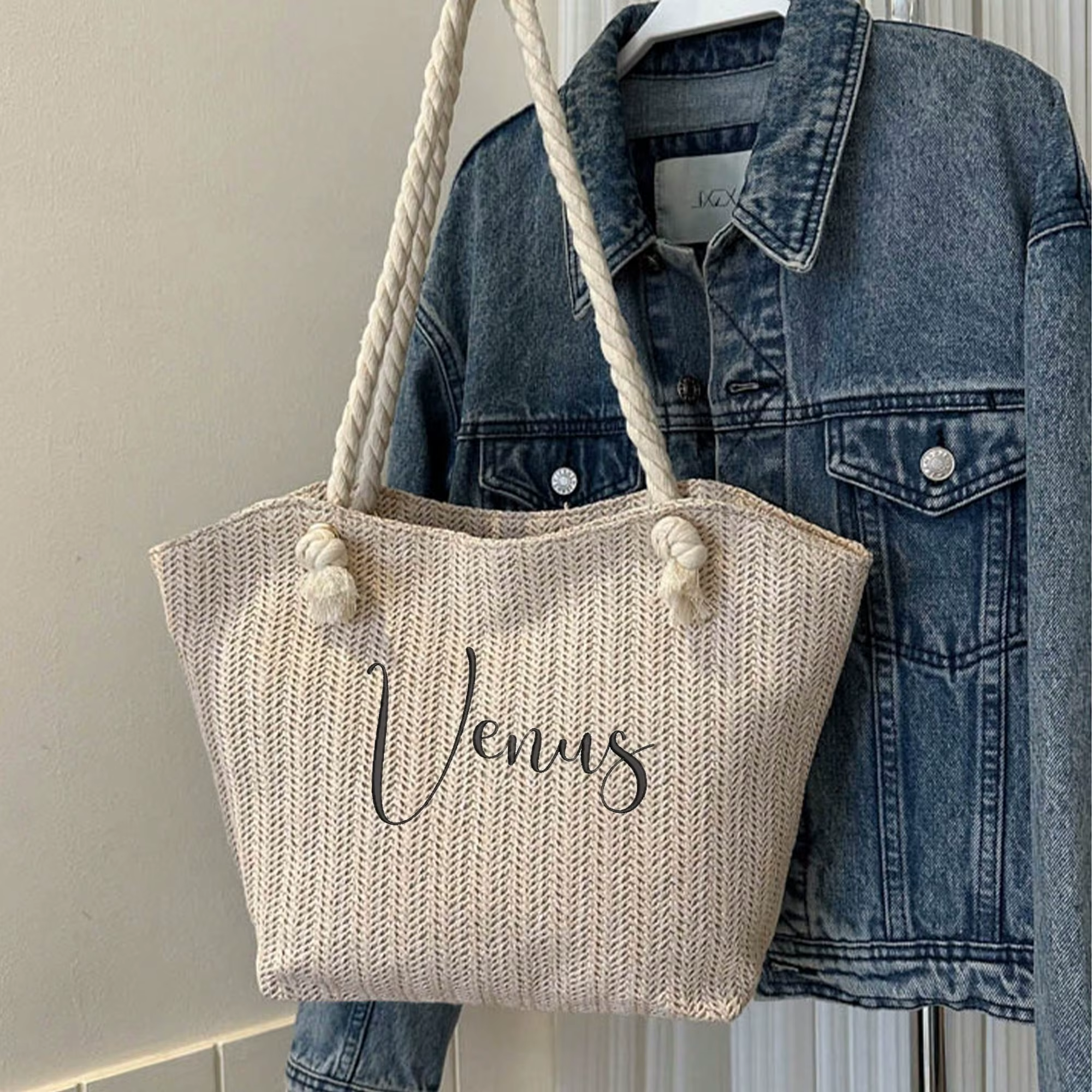 Sac tissé style bohème, broderie personnalisée du nom, sac fourre-tout à poignée en corde, personnal