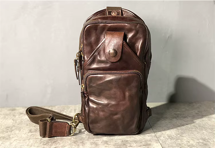 Sac de poitrine en cuir fait main pour homme, sacs à bandoulière rétro, couche de tête en cuir de va
