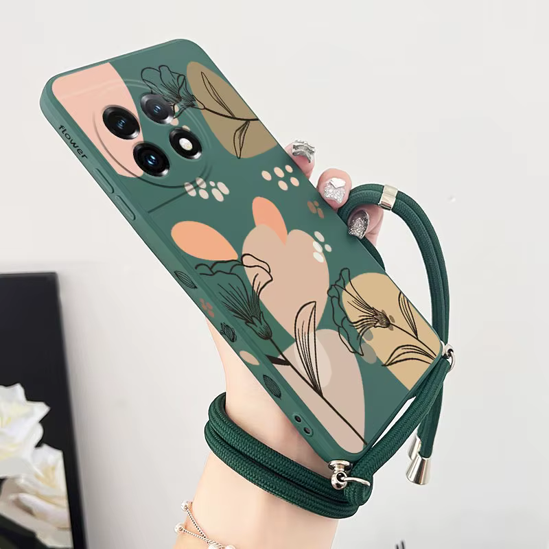 Coque de téléphone en Silicone avec lanière à bandoulière, ligne artistique, fleurs, pour Oneplus 11