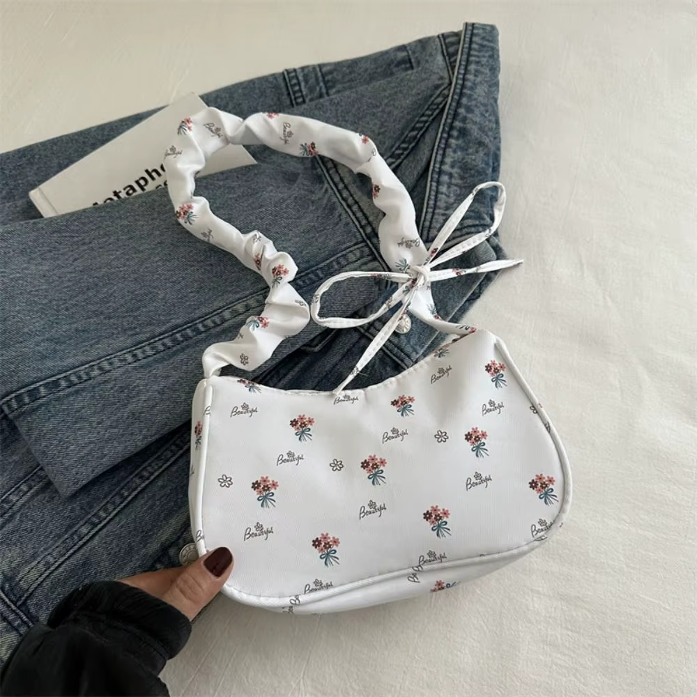 Sac à bandoulière imprimé motif floral, grande capacité, sac en toile douce froissée, sac sous les b