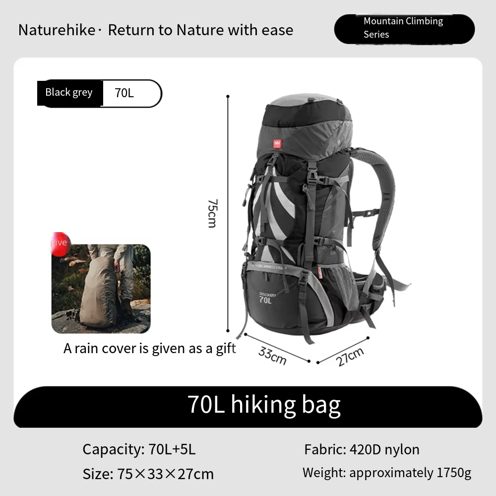 Sac à dos de randonnée Naturehike 70L grande capacité, imperméable, pour le camping et la randonnée 