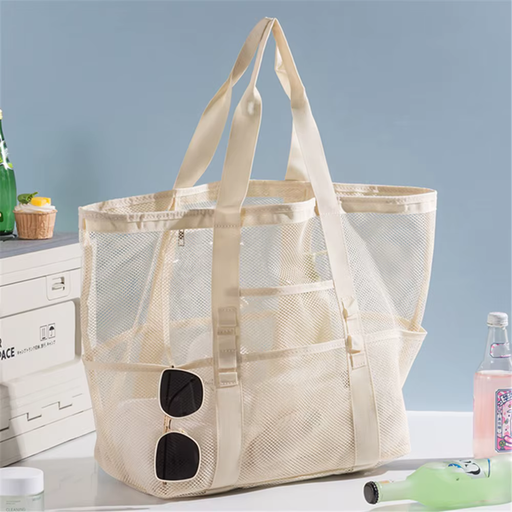 Sac de toilette en nylon ajouré, sac de plage pliable, sac à main en maille respirant, sac de rangem