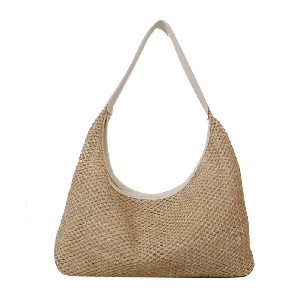 Sac en paille tressé uni simple, fait main, grande capacité, sac de plage, sac fourre-tout style boh