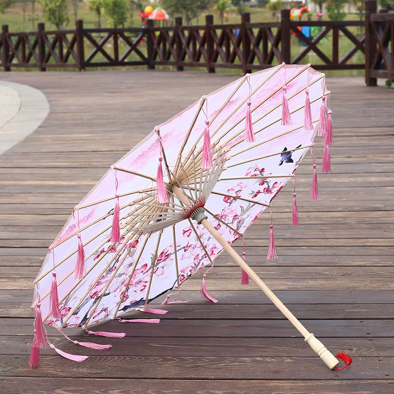 Parapluie en tissu de soie 82CM, pompon, Cosplay Hanfu, papier à l'huile, Style chinois ancien, Styl