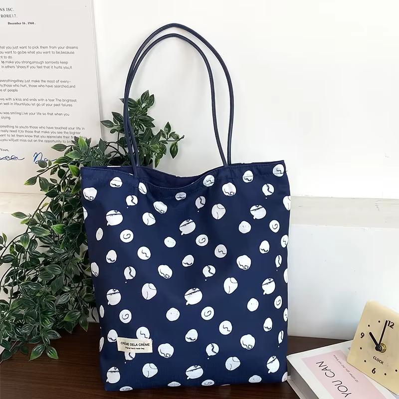 Sac à bandoulière réversible, sac fourre-tout en toile tie-dye style français vintage à imprimé pois