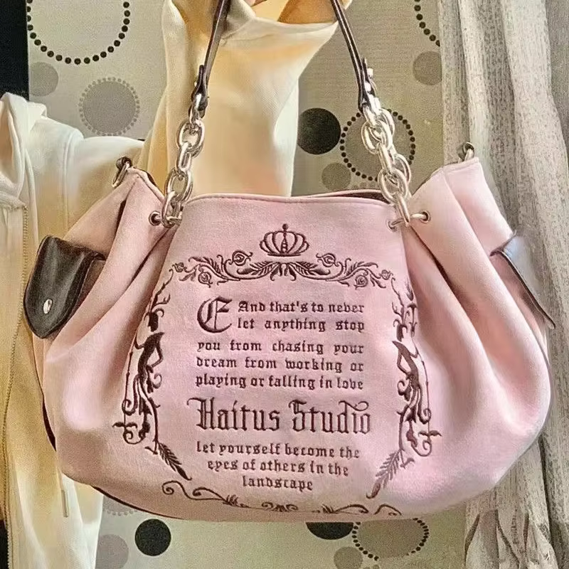 Sac à Main Gothique Rétro de Grande Capacité avec Lettres Brodées pour Femme, Sacoche à Bandoulière 