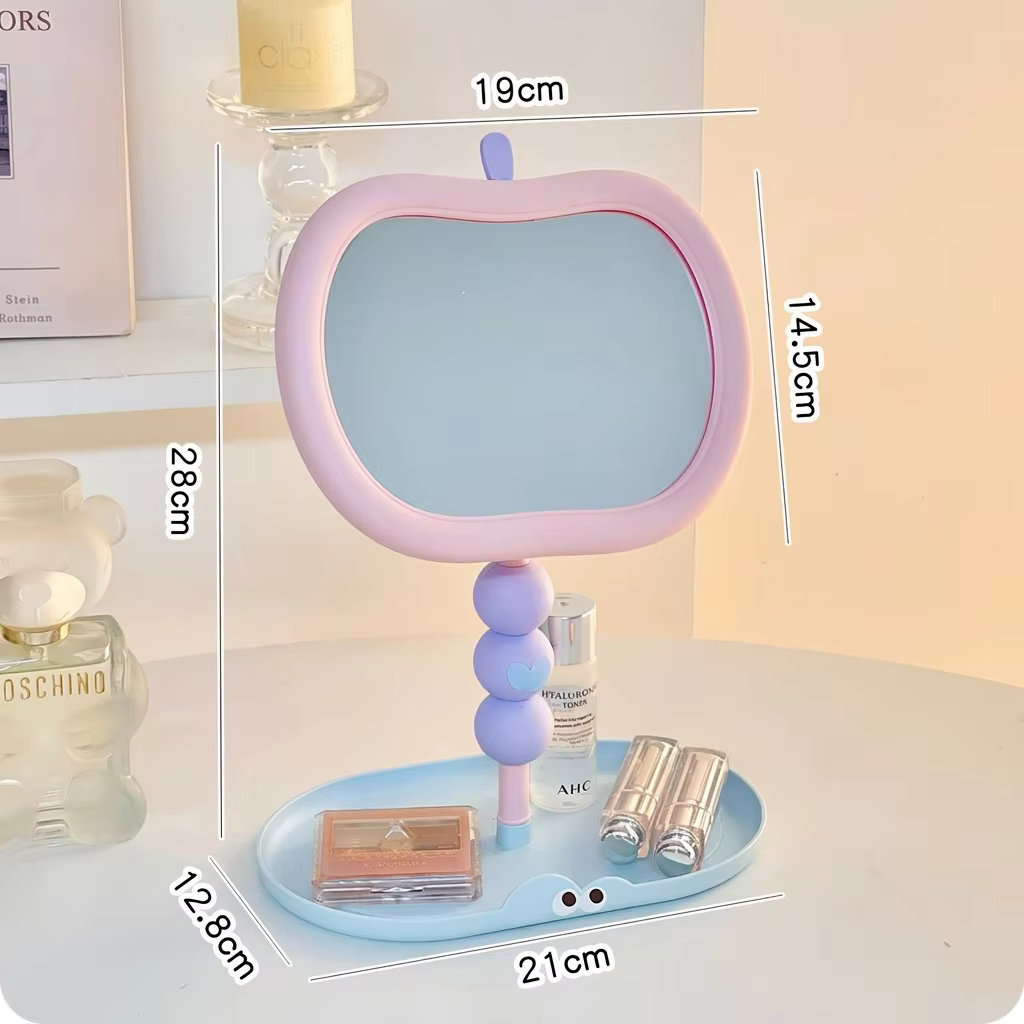 Miroir de maquillage de table en forme de pomme, miroir rotatif HD clair et réglable avec plateau de