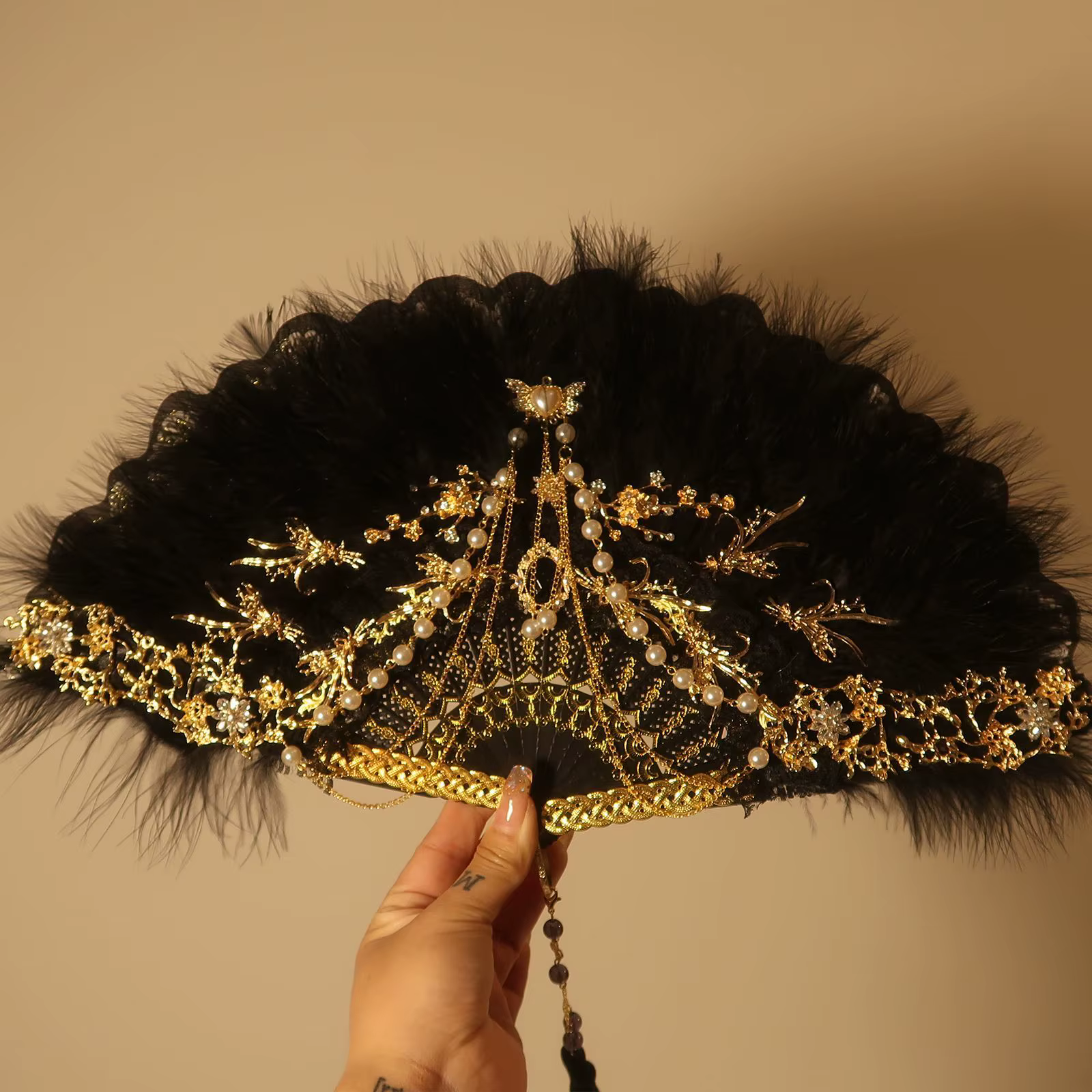 Éventail de plumes Lolita danse Cheongsam FashionShow éventail pliant Vintage Hanfu fée dentelle pho