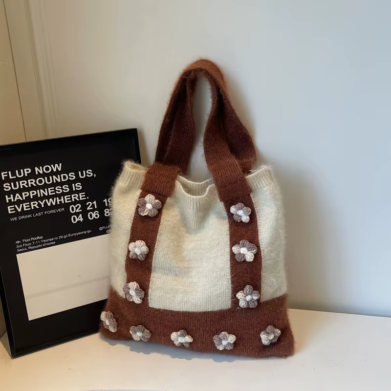Sac tricoté de grande capacité pour femmes, sac à main d'hiver en laine fait à la main, sac à bandou
