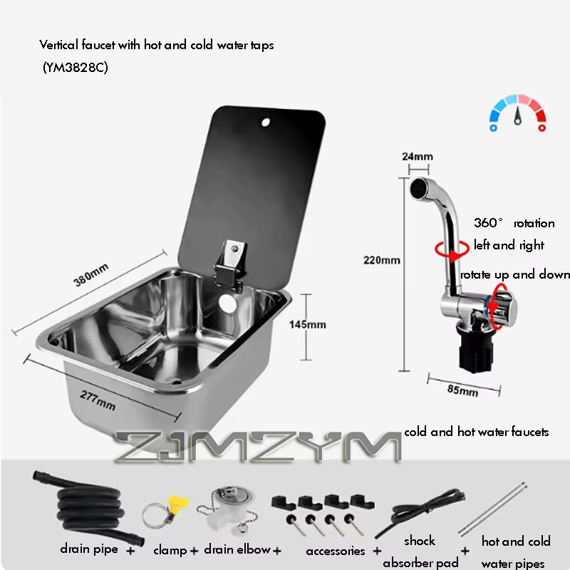 Évier de caravane avec robinet, lavabo en acier inoxydable rond et carré avec couvercle en verre tre